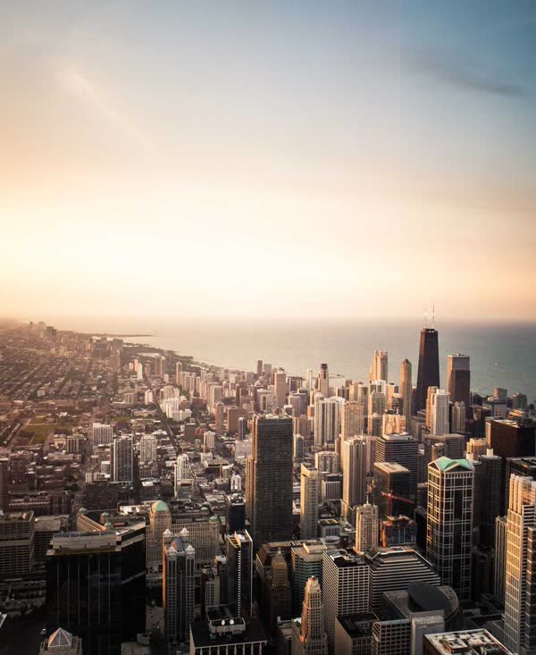 A city skyline at sunset